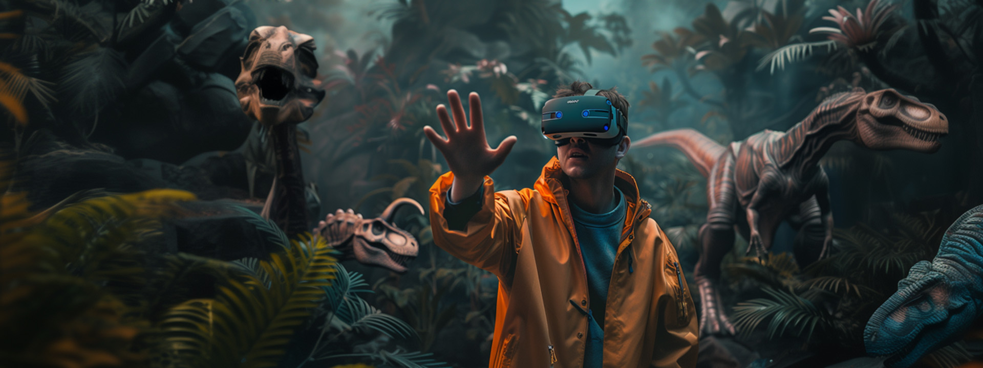 A person in a yellow raincoat experiences a virtual reality simulation with dinosaurs using a headset, standing in a digitally rendered prehistoric environment.