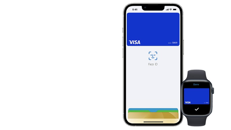 A smartphone and a smartwatch displaying a Visa card on their screens with icons indicating Face ID and confirmation of card usage.