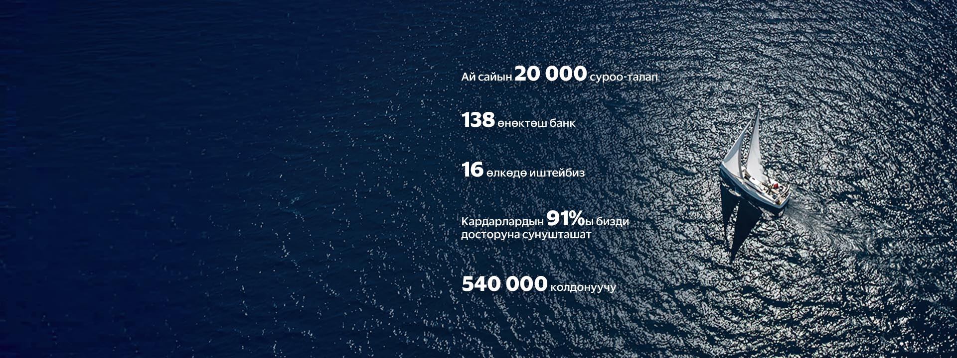 Ай сайын 20 000 суроо-талап, 138 өнөктөш банк, 16 өлкөдө иштейбиз, Кардарлардын 91%ы бизди досторуна сунушташат, 540 000 колдонуучу