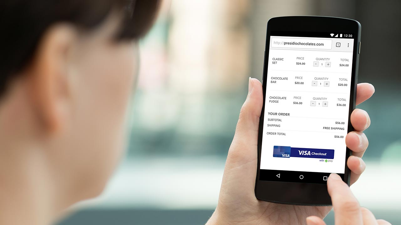 Online shopping on a mobile phone using Visa Checkout.