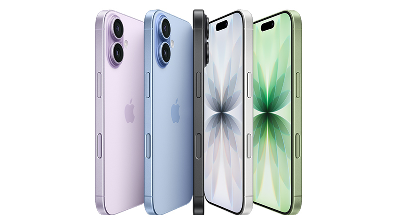 Four iPhones are displayed standing upright in different colors: purple, blue, black, and green, showing both the front and back designs.