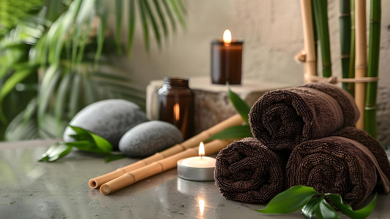 Rolled brown towels, a lit candle, smooth stones, and bamboo sticks on a spa table with green leaves.