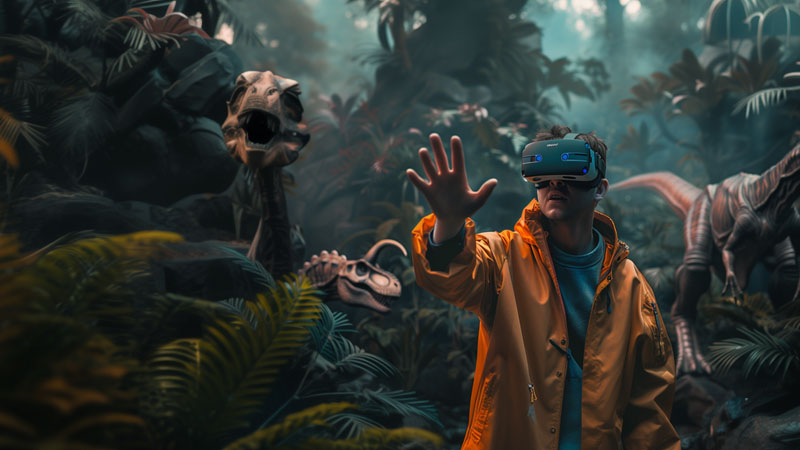 A person in a yellow raincoat experiences a virtual reality simulation with dinosaurs using a headset, standing in a digitally rendered prehistoric environment.