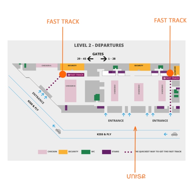 Վարշավայի Շոպենի միջազգային օդանավակայանի՝ Fast Track ծառայության միջոցով միջազգային մեկնումների քարտեզ