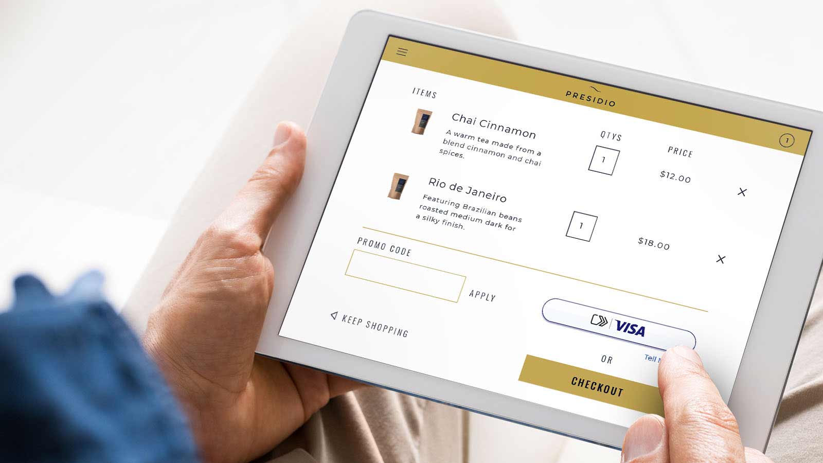 An individual is seen utilizing an iPad to complete a coffee purchase through guest checkout. 